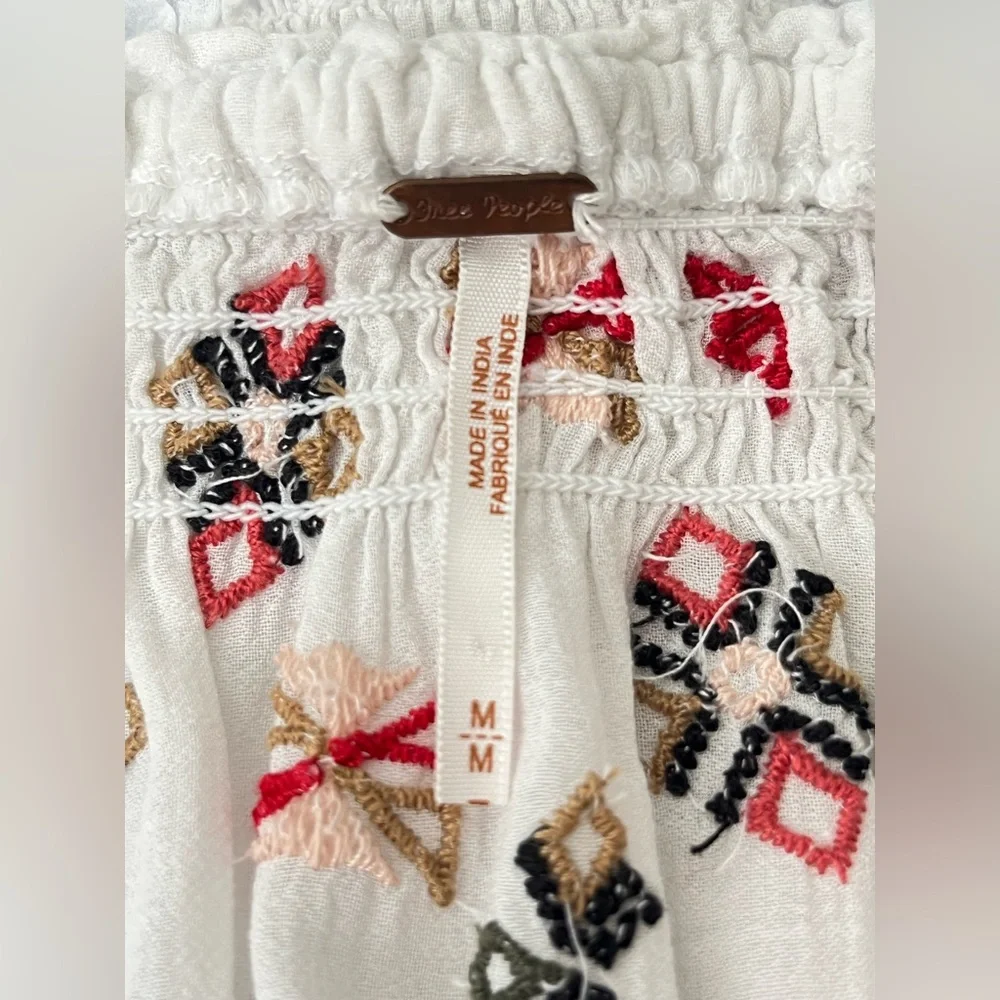 Free People White and Pink Embroidered Tunic